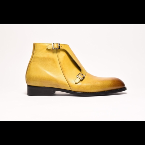Canary yellow all leather handmade double monk ankle boot. Cut from single sheet main image 2